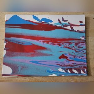Vibrant Mountainside Seaside Acrylic Pour Painting